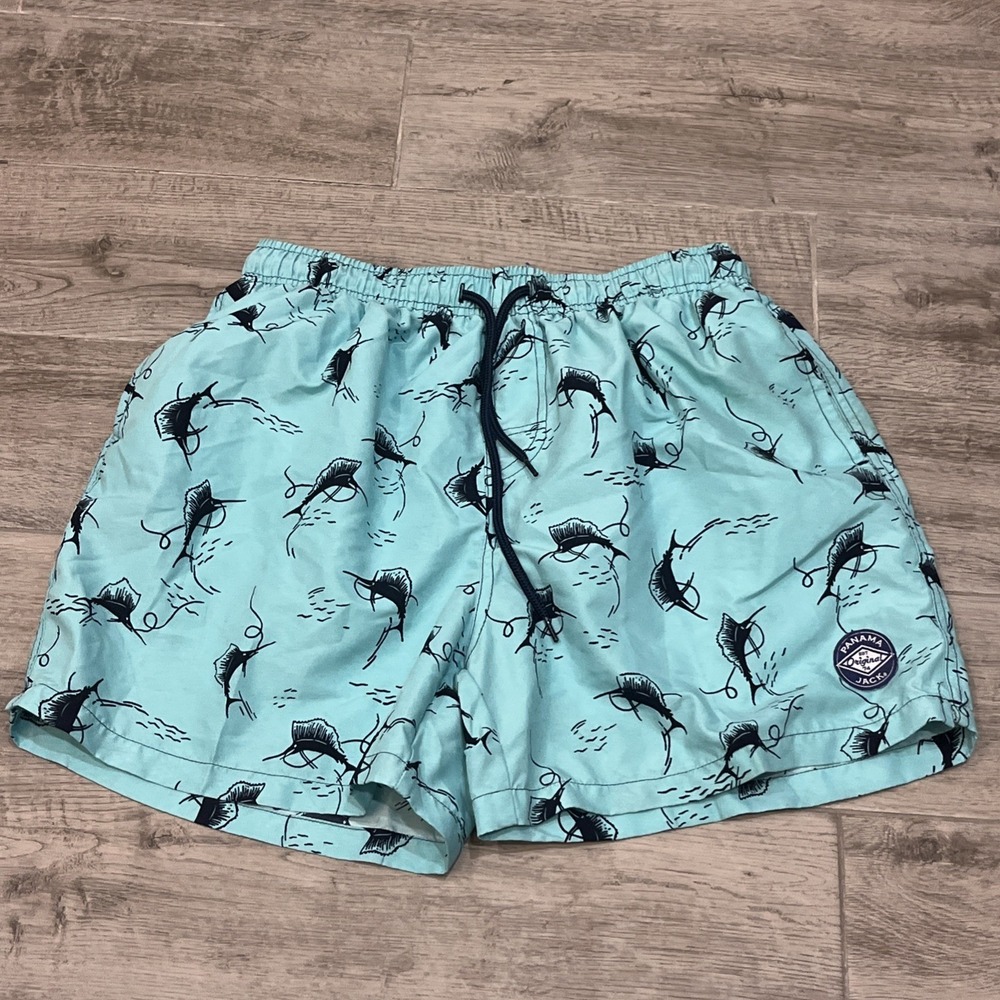 Panama Jack Swim Trunks Fish Print Aqua‎ Blue Swim Shorts Lined Size Medium